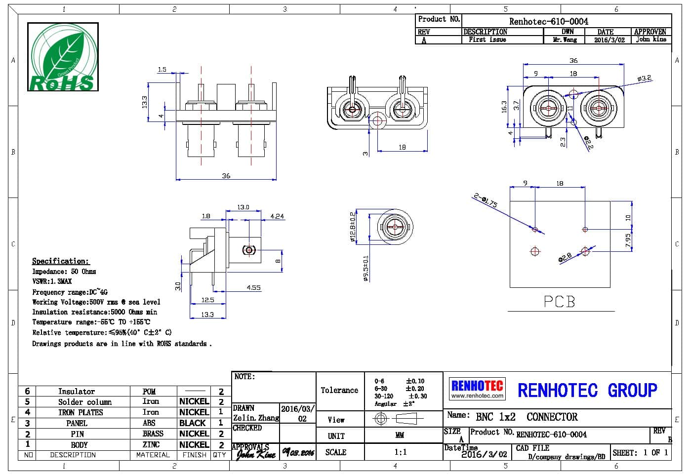 雙聯雙排BNC母座 PCB板專用BNC視頻連接器 50歐姆